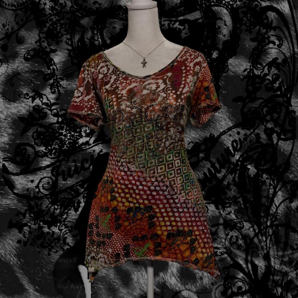 skinny bedazzled boho grunge whimsigoth fiery earth-tone patchwork tunic top
